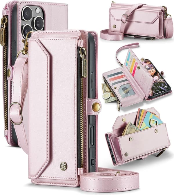 【NX】Pung etui med lynlås kompatibel med iPhone 16 Plus Pink