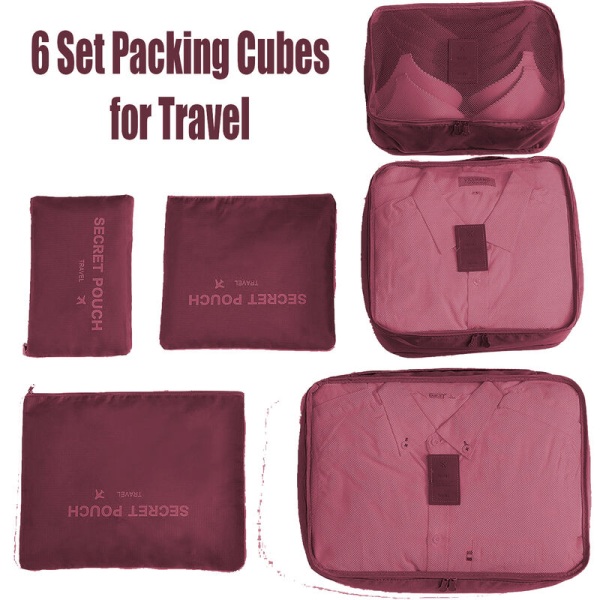 6 stk. Emballageterninger Bagagetasker Organizer Holdbar rejsebagagepakning Organizer Sæt med toilettaske Burgundy, Model: Burgundy