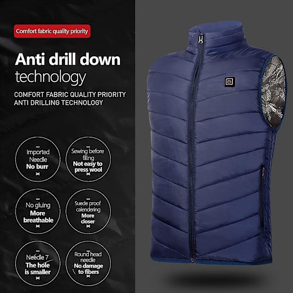 Uppvärmd Slim Fit Väst för Män och Kvinnor | 9-Zons Uppvärmd Vinterrock för Utomhusvandring | Marinblå | 7X-Large