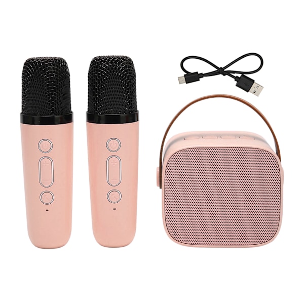 Karaokemaskin Multifunksjon Stereo Lyd Bærbar Bluetooth-høyttaler med 2 trådløse mikrofoner for Hjemmefest KTV Rosa