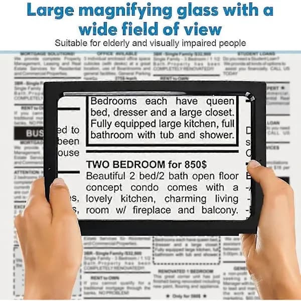 Magnifying Glass for Reading, 3x Magnification A4 Rectangular Illuminated Magnifier with 4 Bright LED Lights Large Full Page Illuminated Magnifier