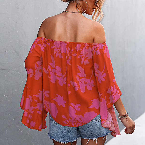 Kvinner Off Shoulder Topper Sommer Høy Lav Fall Løse Klokkerm Rynket Blomstrete Skjorte Bluse Rose Rød S