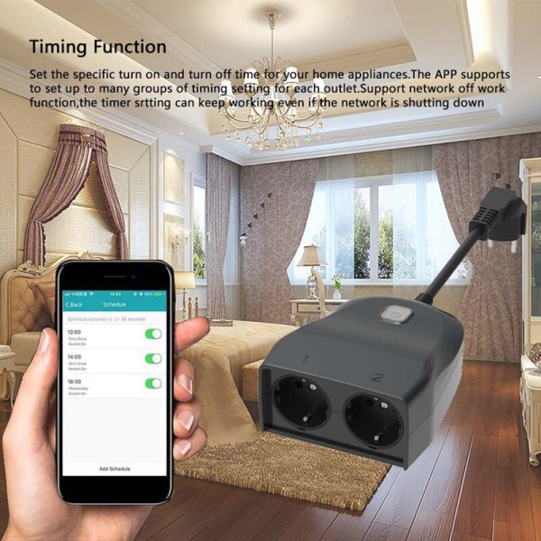 WIFI-tilkobling EU-plugg Vanntett Outdoor Smart Socket Smart Home Remote Control Sync Switch Adapter, modell: Svart