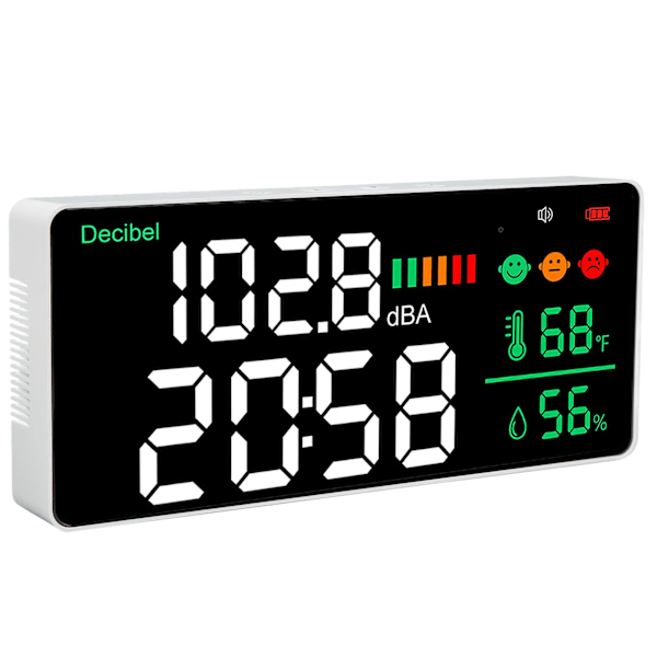 Decibelmåler 30 til 130db Vægmounted Lydniveauaflæser 11 tommer LED Tid Temperatur Luftfugtighed Støjmeter