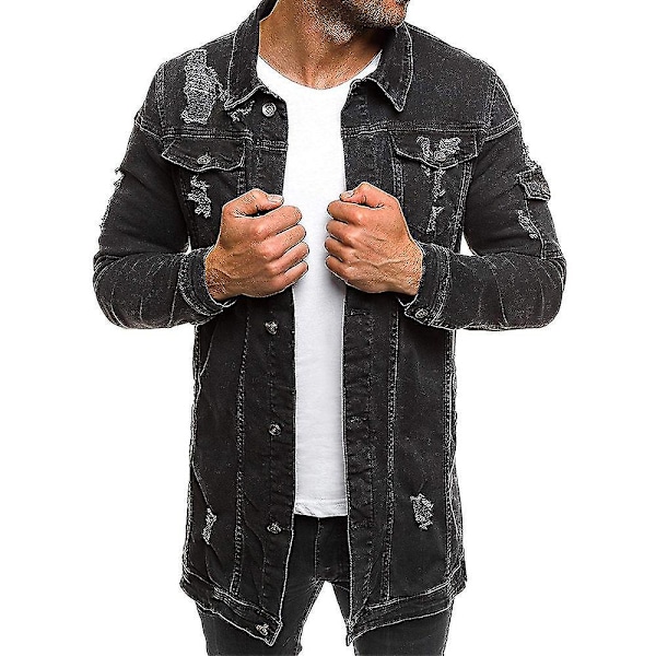 Distressed Black Denim Shacket with Pockets - Men's Long Sleeve Jacket (3XL)