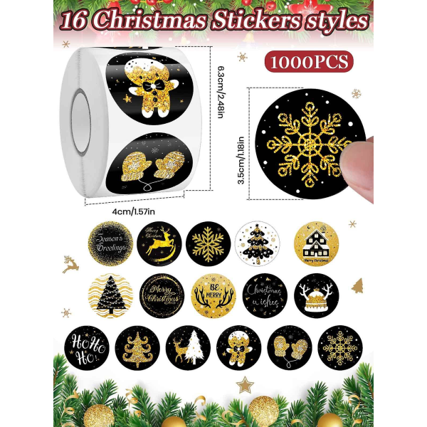 1000 st Juldekaler Etiketter, Kalolary Svart Gyllene Runda Juletiketter Självhäftande Merry Christmas Stickers