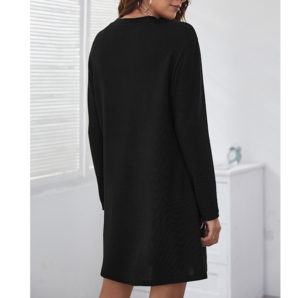 Damekjole Midi One Piece Rund Hals Langærmet Ren Farve Løstsiddende Ret til Hjemmekontor Sort 2XL
