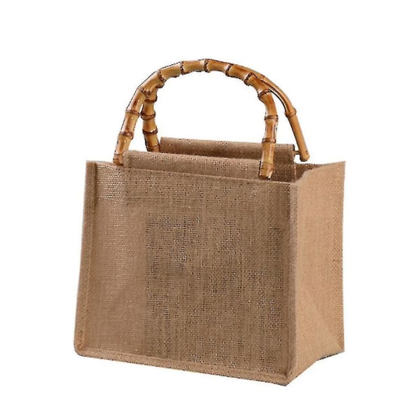 Bärbar Burlap Jute Shopping Bag Handväska Bamboo Loop Håndtag Återanvändbara Tote Livsmedelsväskor