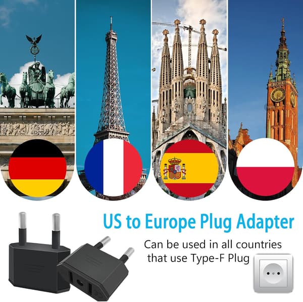 Sett med 2 amerikanske pluggadaptere, amerikansk plugg til Frankrike EU, tysk plugg, reiseplugg