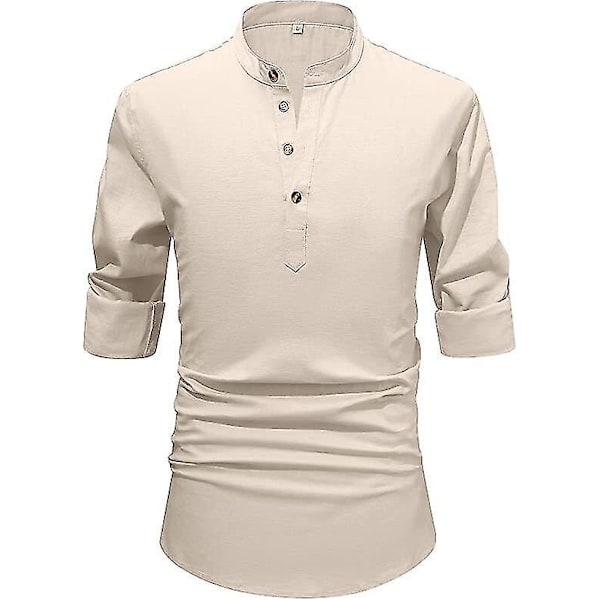 Miehet Casual Beige Linen Henley -paita - Koko 2XL