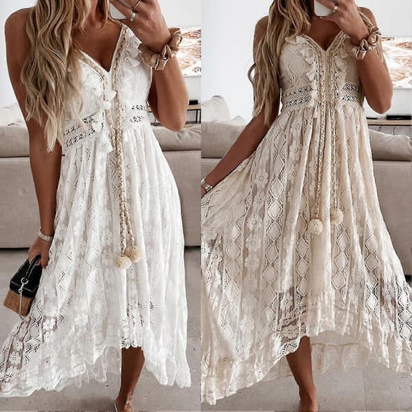 Damklänning Spets Stor Fåll Sommar Elegant Spaghetti Strap Midi-klänning För Fest White 2XL