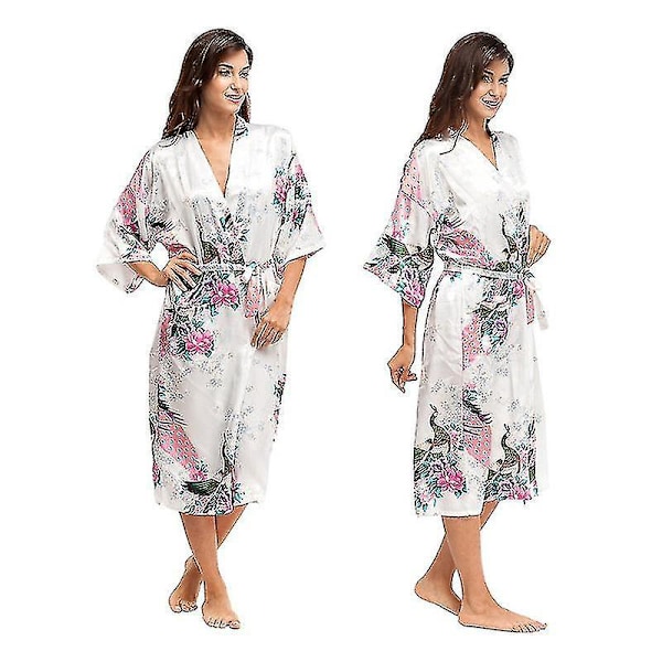 Blommig satin kimono morgonrock sovplagg för kvinnor - Vit 3XL