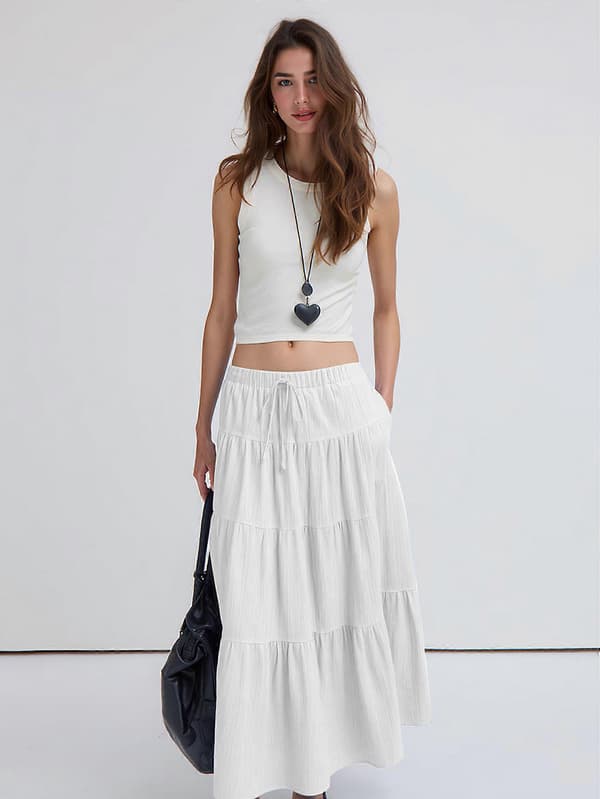 Boho Maxikjol för kvinnor, utsvängd volang, elastisk midja, sommar, A-linje, långa kjolar, vit XL White Xl