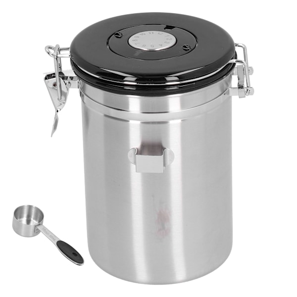 Kaffebönor Canister med avgasventil Rostfritt stål Förseglingsbehållare med skedSilver