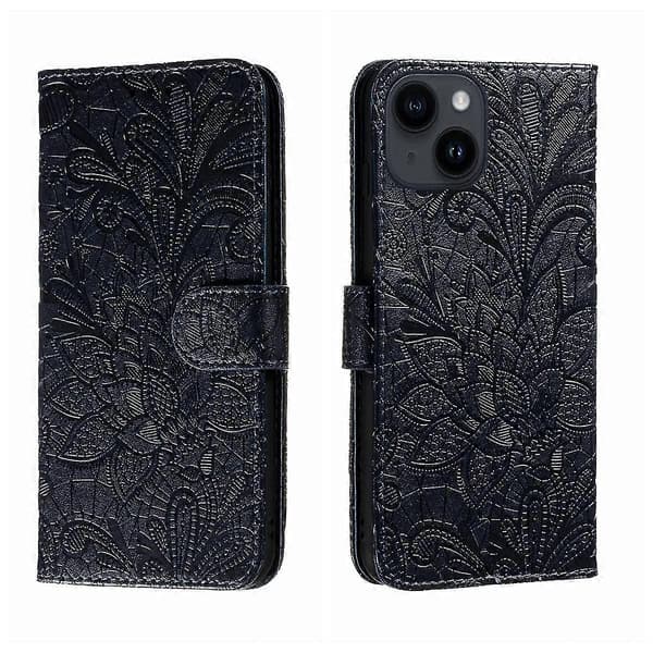 【NX】Spetsblomma läderfodral kompatibelt med iPhone 15 Plus Dark Blue