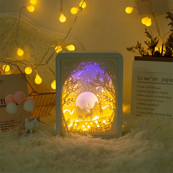 Papercut Light Box Mjukt Varmt Ljus Romantisk USB Batteridriven 3D Pappersskulpturlampa för Sovrum Kontor Fest Typ 5 (Manuell Brytare)