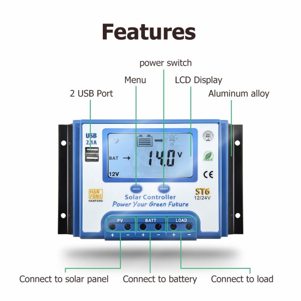 AIDUCHO 10A Solar Charge Regulator 12V/24V Solar Charge Controller med LCD-skærm og dobbelt USB-port til solpanelbatterier - ST6-10A