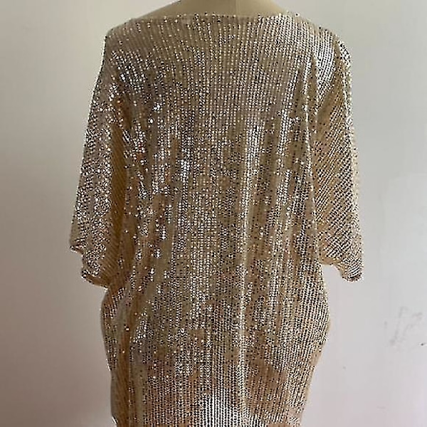 Sequin V-hals Kortærmet Kvinders Casual T-shirt Bluse - Sommer XL Guld