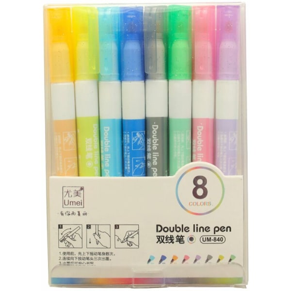 8 farger/sett Dream Color Double Line Pen Creative Gel Highlighter Marker Painting Pen for DIY Journal Diary Hand Accont, modell: Flerfarget