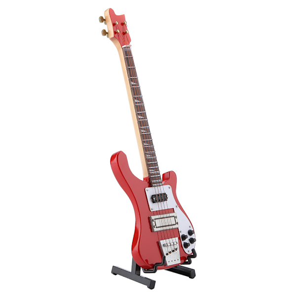 Röd miniatyr basgitarr replika med stativ och fodral Instrument Modell Ornament Julklapp