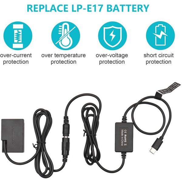 USB Type-C-kabel til DR-E18 Dummy-batteri med PD Quick Charge Protocol for Canon 750D 760D T6S 77D 800D 200D Rebel SL2