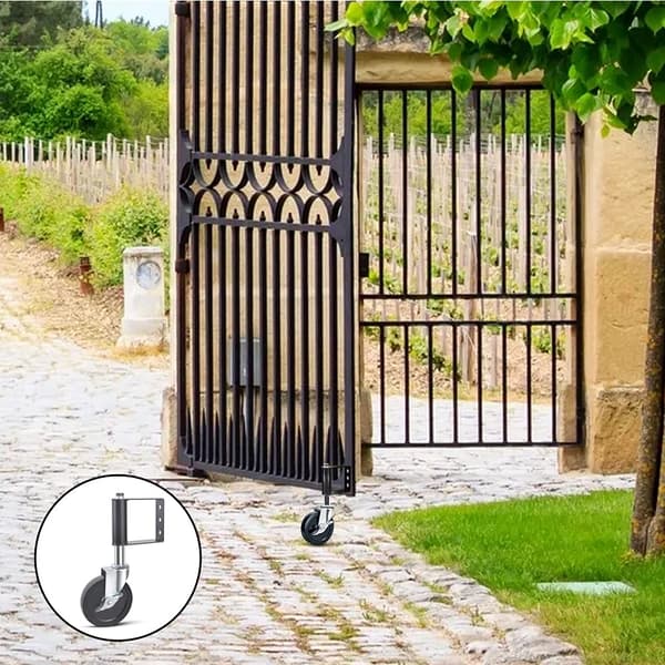 Spring-loaded gate wheels, aging-resistant, rubber gate wheels, heavy-duty wheels with universal mounting plate compatible with wooden gates