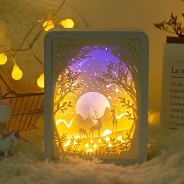 Papercut Light Box Mjukt Varmt Ljus Romantisk USB Batteridriven 3D Pappersskulpturlampa för Sovrum Kontor Fest Typ 5 (Manuell Brytare)