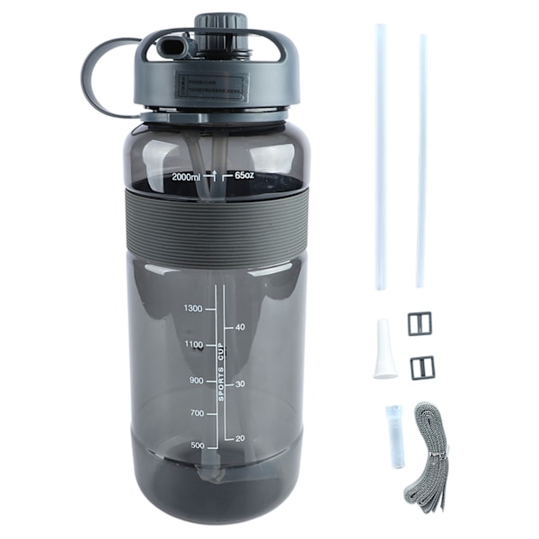 Sports Water Bottle Leakage Proof Detachable Silicone Straw Portable Drinking Bottle with Handle Strap 2000ml Gray