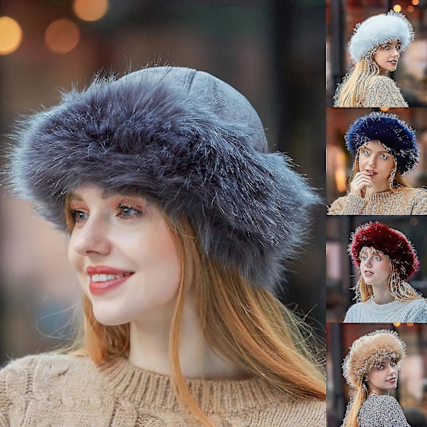 Mongolsk Vinter Kunstig Pels Ruskind Fluffy Beanie Hat Sort