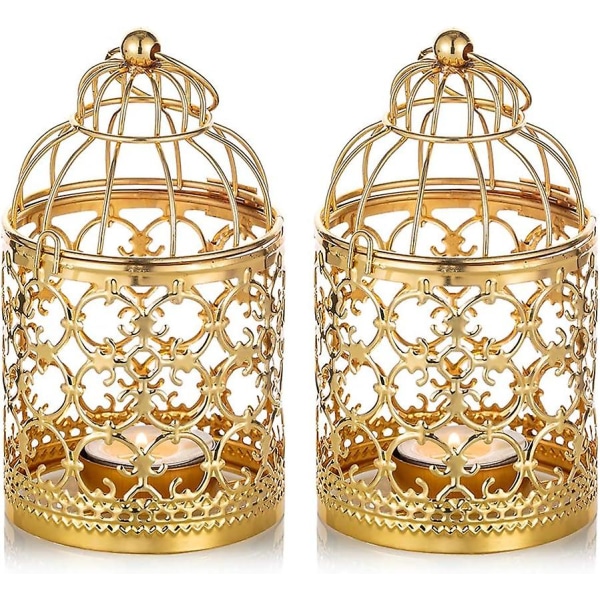 2 st Metall värmeljus hängande fågelburslykta, guldlyktor för ljus Vintage dekorativa mittpunkter för bröllop och fest, värmeljushållare jul Gold