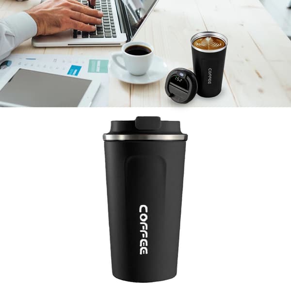 Smart temperaturdisplay kaffekop Bærbar 304 rustfrit stål isoleringskop Enkel stil Ren farve generation 2. Sort 380ml
