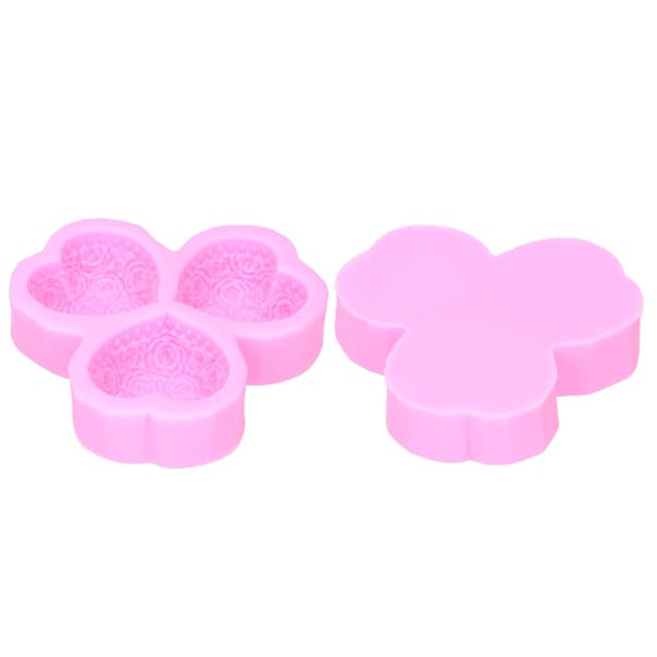 3-hulls hjerteformet rosenform Silikonkakefondant Dekorasjonsverktøy (rosa)