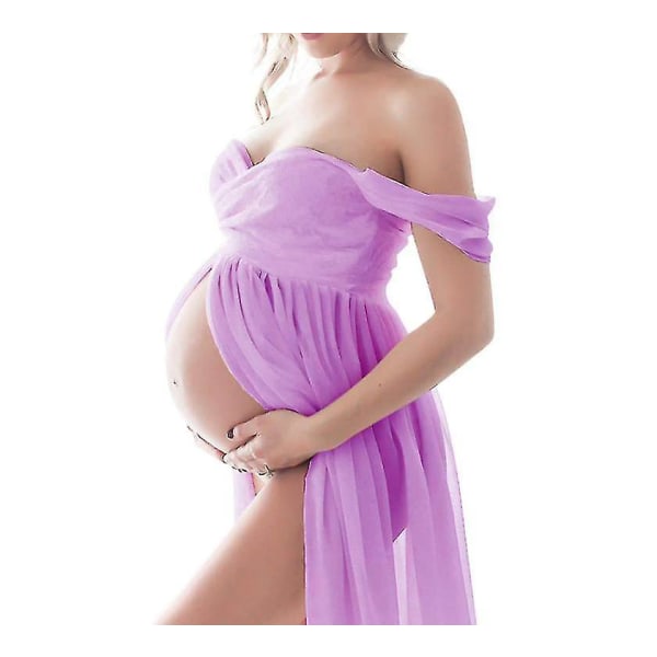 Kvinder off Shoulder Langærmet Graviditetskjole til fotografering Graviditetskjole til fotoshoot purple S