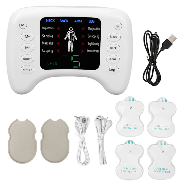 Elektronisk pulsmassager justerbar 15 växlar 8 lägen Timer Dual Output Muskelstimulator Pulsmassager