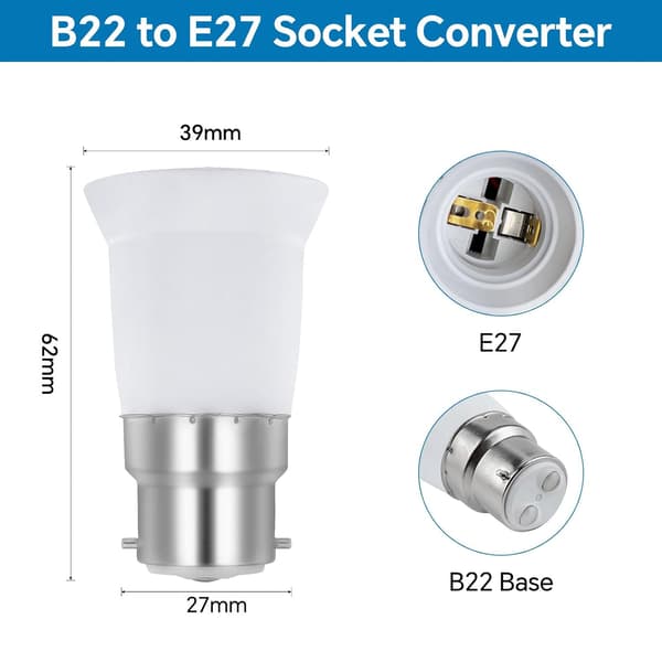 6-delt B22 til E27 sokkeladapter, B22 til E27 bajonettfatningskonverter for LED-, gløde- og halogenpærer, sokkeladapter