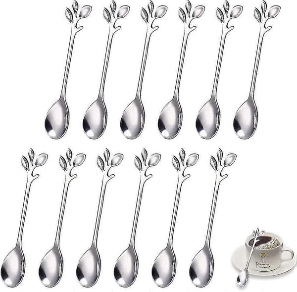 12 stk. kaffeskeer i rustfrit stål, dessertskeer, bladformet kaffegave