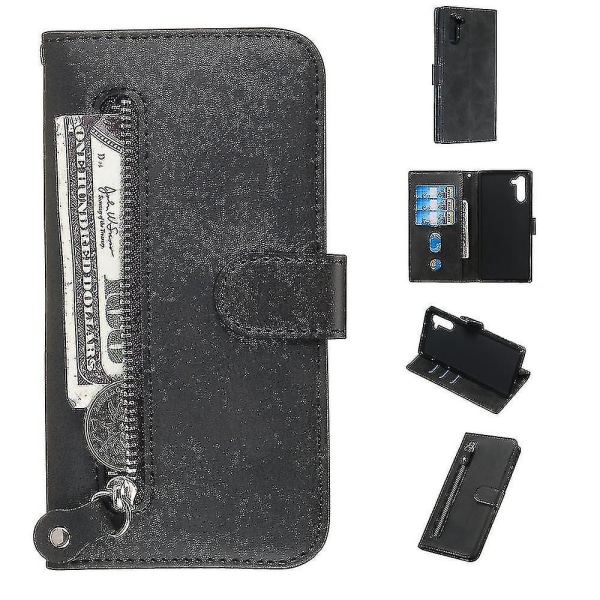 Case för Samsung Galaxy Note 10, premium Pu-läder Magnetisk stängning Kortplatser Stativ Blixtlåsficka Soft Tpu Flip Cover - Svart