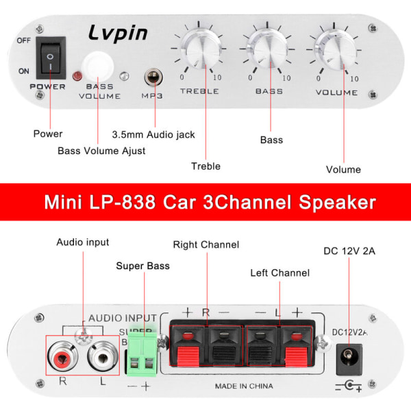 Mini HIFI Audio Stereo Power Amplifier Subwoofer MP3 Bilradio 2 Kanaler Menage Super Bass Lvpin 838, model: 8
