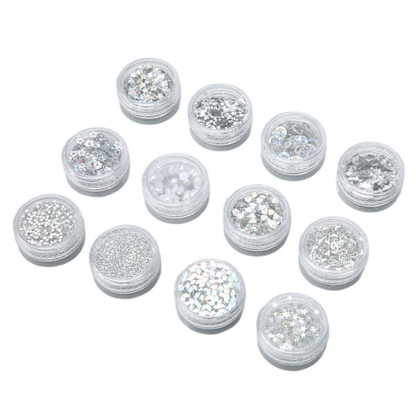12 Grids Glitter Paljetter Set Handgjorda DIY Nail Art Glitter Paljetter Dekaler Set 3D Nail Art Dekorationer Silver