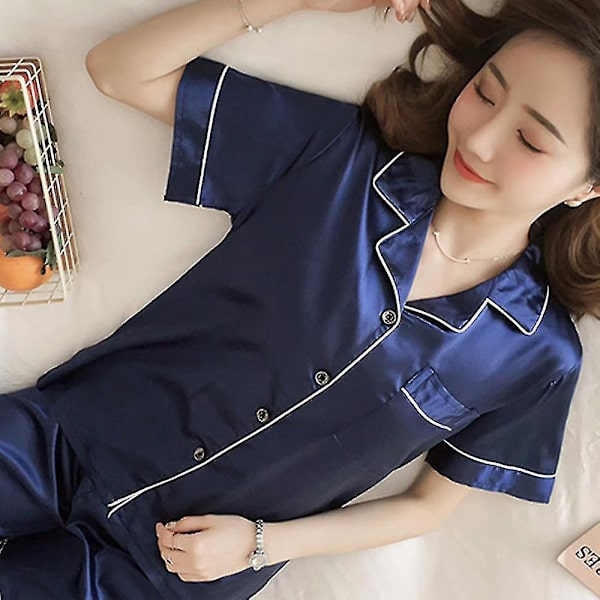 Silk Satin Blå Dam Short Sleeve Pyjamas Set 2XL