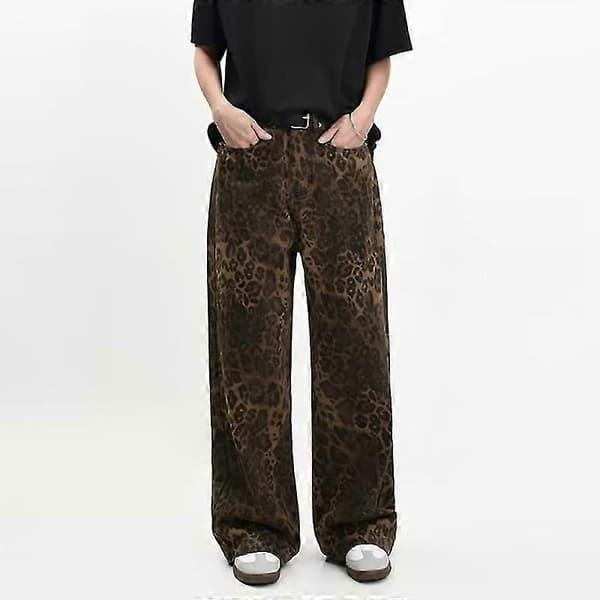 Brune leopardjeans dame denimbukser dame oversize bukser med vide ben - ya M