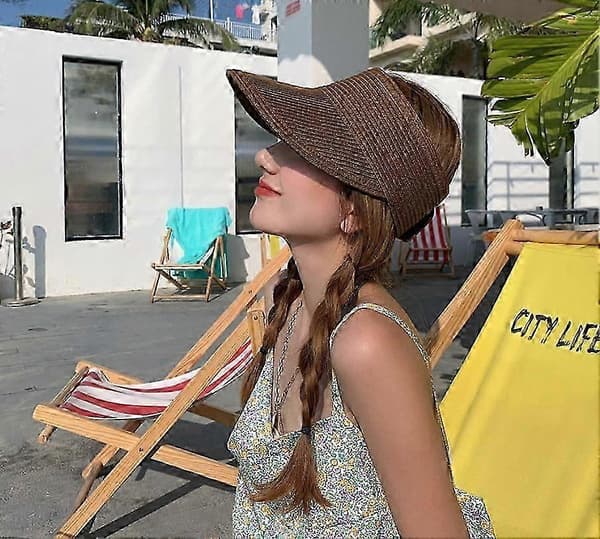 Solbeskyttelse med stor skygge, foldbar hat, sommerhat, solbeskyttelse, sommerhat, stråstrandhat (khaki) Coffee