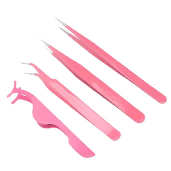 4 stk Øjenvippepincet Sæt Rustfrit Stål Ret Bøjning Spids Løse Øjenvipper Applikatorværktøj Rosa