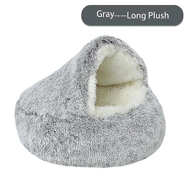 2 i 1 Hule Dyrebed til Små Hunde og Katte - Rund, Blød og Varmt Vinterbed (50cm, Lang Plys, Grå)