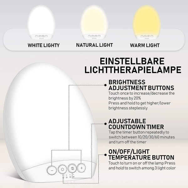 Fluorescerende lys 10000 Lux Desktop Led Phototherapy Light Anti-depresjon lysdusj med minnefunksjon, 4 timere, 3 lysfarger og 5 nivåer av European plug