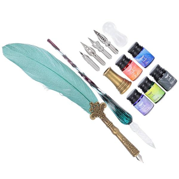 Kalligrafi Pen Set Glas Bläck Fjäder Reservoarpenna med utbytbar spets Skrivande presentförpackning SP118043 Pearlescent Mörkgrön