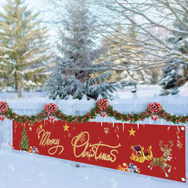 Stort julebanner, rød bøffelpledd juleskilt med snømann-juletremønster til julefest, utendørs innendørs dekorasjon, 9,8 X 1,6 avgift