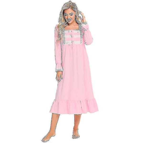 Vintage Victorian -tyylinen pitkähihainen puuvillainen yöpaita naisille - Vaaleanpunainen