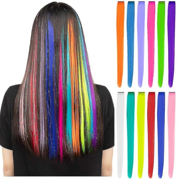 12 kpl värillisiä juhlien kohokohtia värikkäät hiustenpidennykset, 22 tuuman suorat synteettiset hiuslisäkkeet, sateenkaari