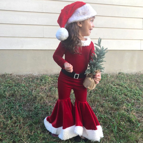 Lovely Girl Christmas Clothing Set Long Bell Sleeve Top Coral Velvet Bottoms Jultomtekostym för baby 1-7 år, Röd 80yd, Modell: Röd 80yd